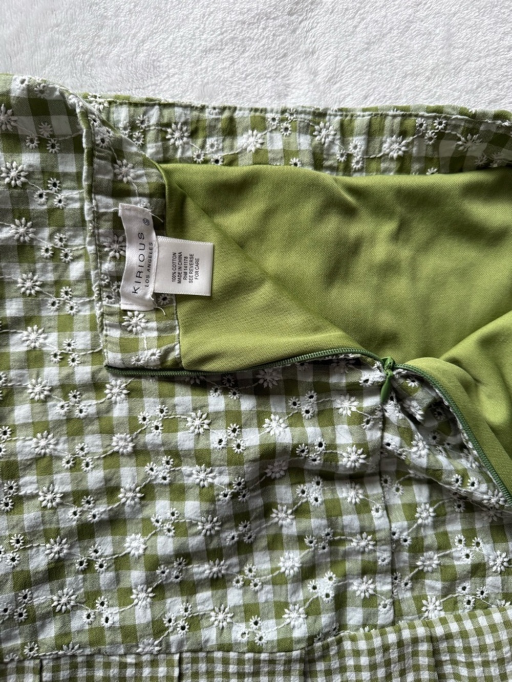 KIRIOUS Green Gingham Eyelet Mini Skirt Ruffle Hem Cottagecore - Picture 3 of 6